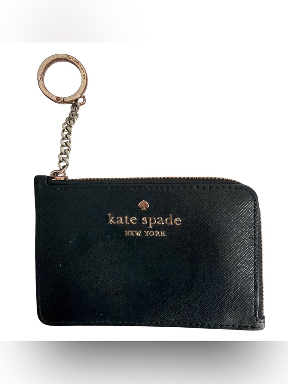 kate spade Black Leather Zip Key & Card Holder with Gold Hardware